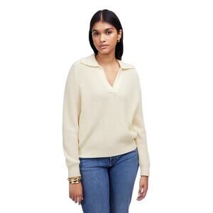 NWT Madewell Ivory Shaker-Stitch Sweater S Cotton Cashmere Collared Pullover